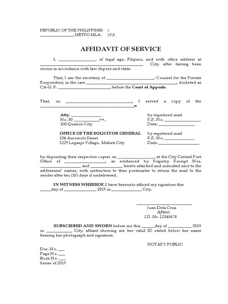 Affidavit of Service: Republic of The Philippines) METRO MLA ) S S Affidavit of Service: Republic of The Philippines) METRO MLA ) S S
