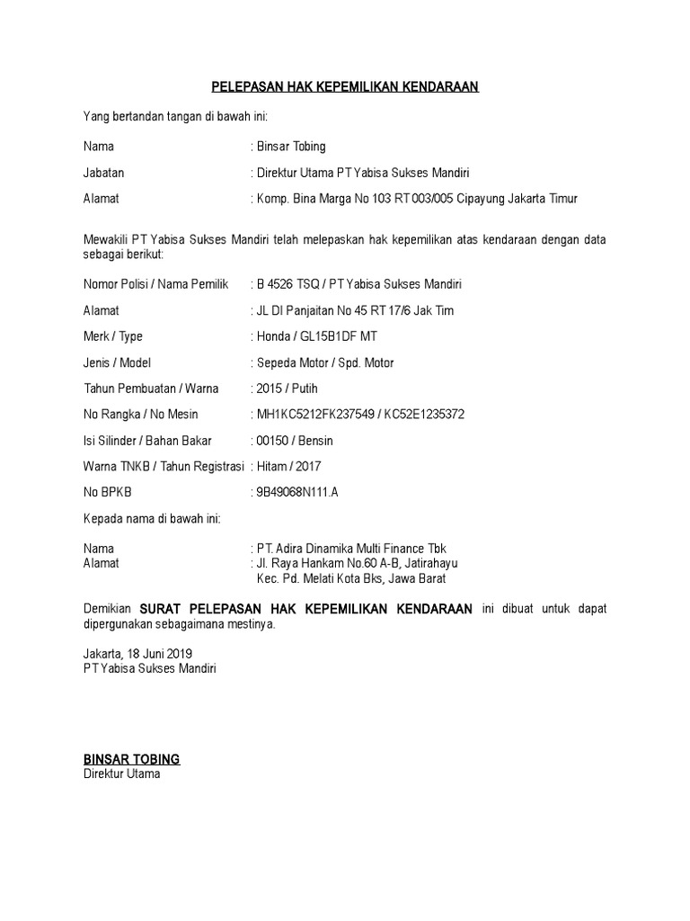 Pelepasan Hak Kepemilikan Kendaraan