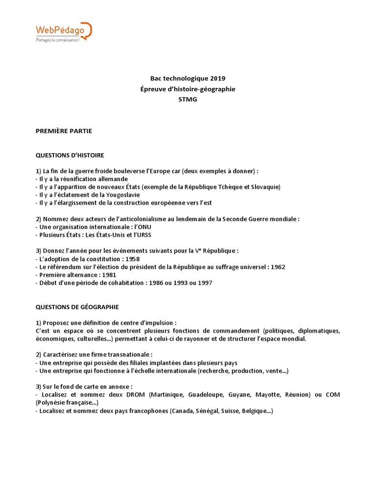 Bac Techno 2019 Histoire Geo Stmg Migration Humaine France