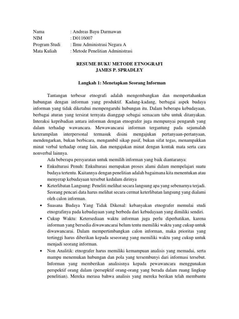 Resume Buku Metode Etnografi James P Spradley