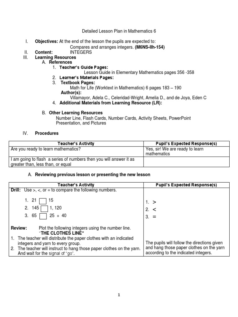 Grade 6 Math Lesson Plan: Integers | PDF | Lesson Plan | Behavior ...