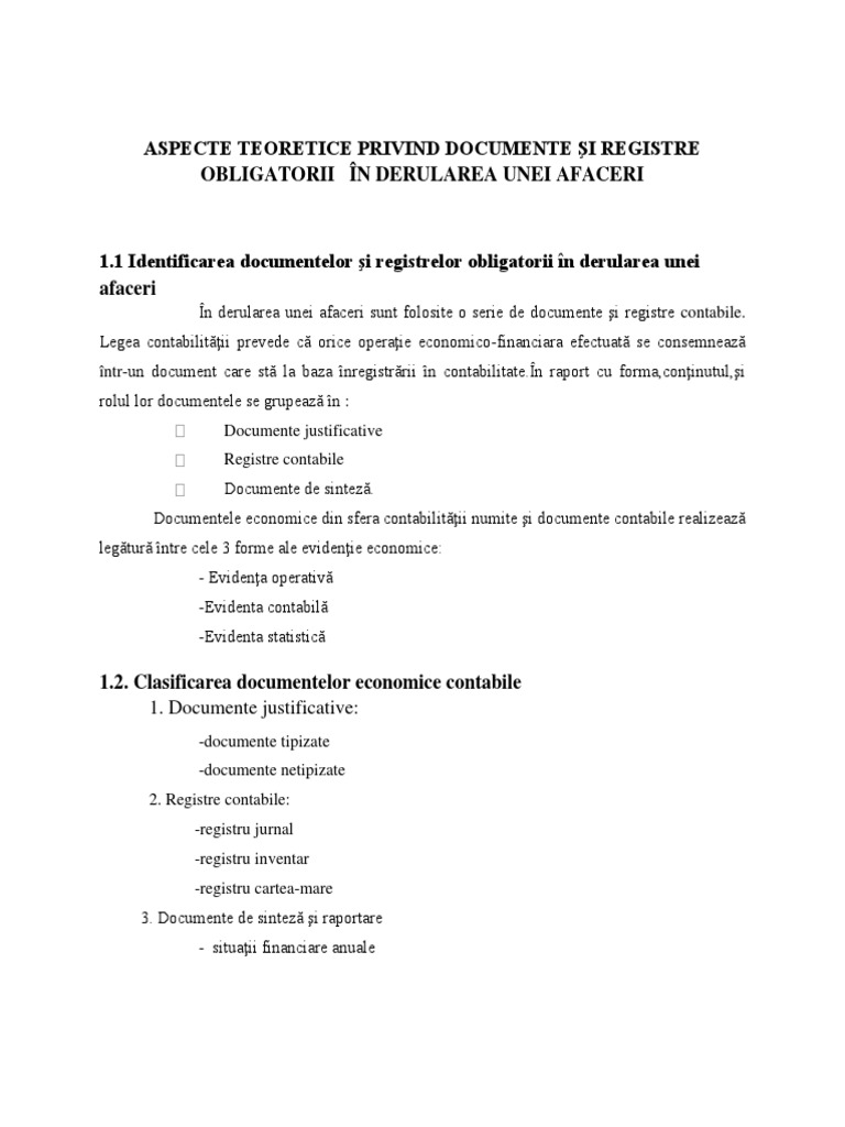 Documente Şi Registre Obligatorii În Derularea Unei Afaceri | PDF
