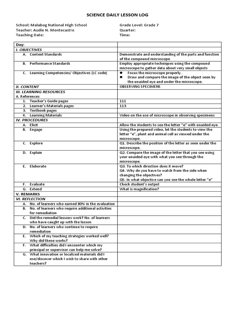 Science Daily Lesson Loge PDF Microscope Learning