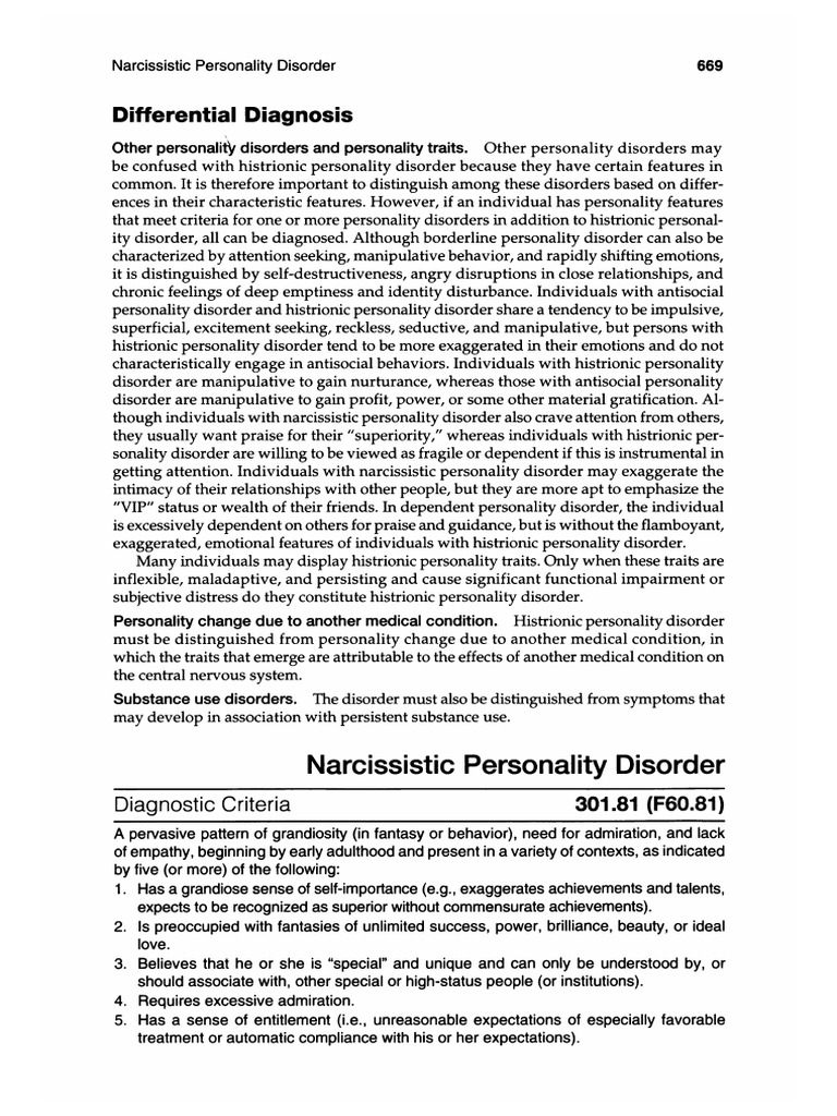 Differential Diagnosis Narcissistic Personality Disorder PDF Personality Disorder Mental