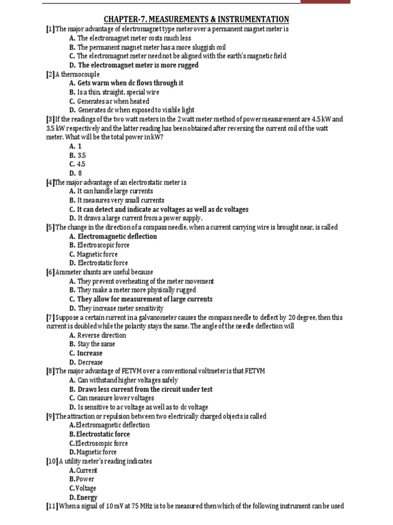 Measurements Instrumentation Mcqs PDF | PDF | Voltage | Electric Current