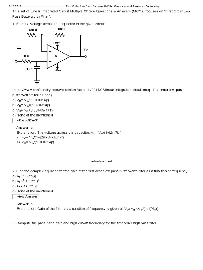 First Order Low Pass Butterworth Filter Questions and Answers ...