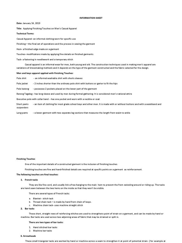 Information Sheet For Applying Finishing Touches On Men's Casual