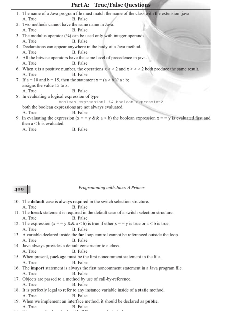Java Programming True/False Quiz | PDF | Class (Computer Programming ...