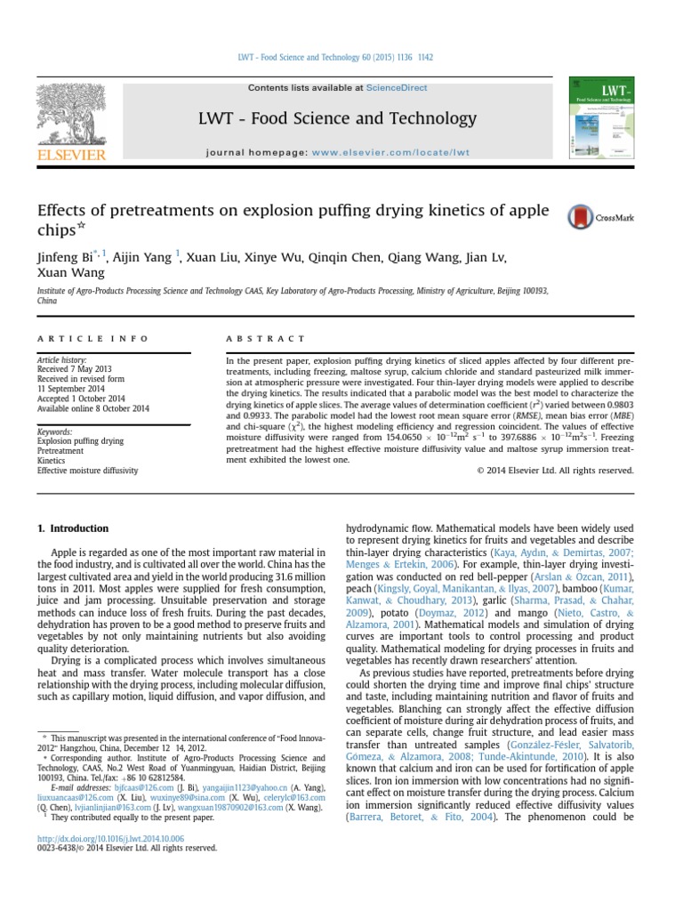 Effects of Pretreatments On Explosion Puffing Drying Kinetics of Apple ...