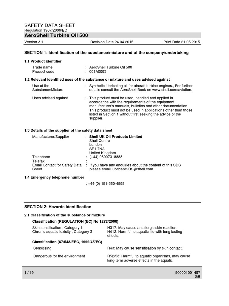 Aeroshell Turbine Oil 500 Safety Data Sheet Personal Protective Equipment Toxicity