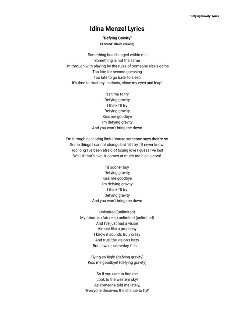 Idina Menzel Defying Gravity Lyrics PDF