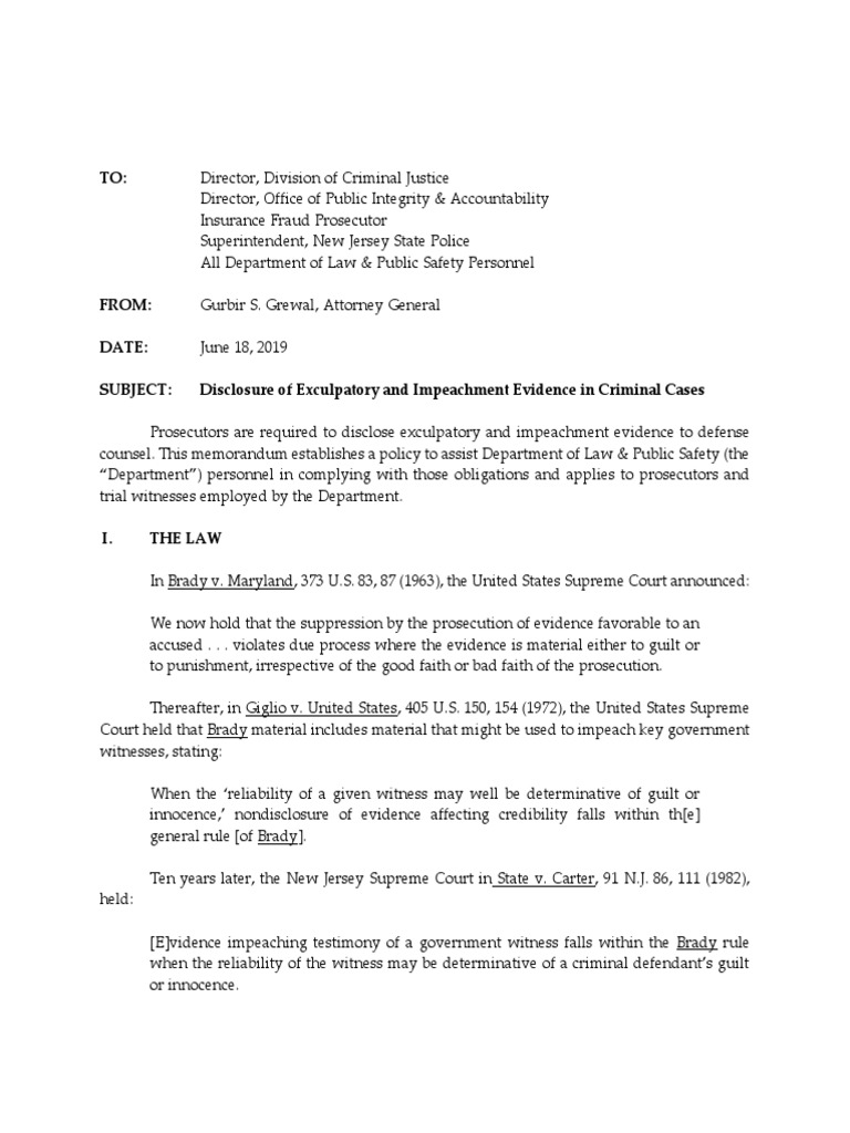 Department of Law and Public Safety Brady and Giglio Policy June 2019 Prosecutor Discovery (Law)