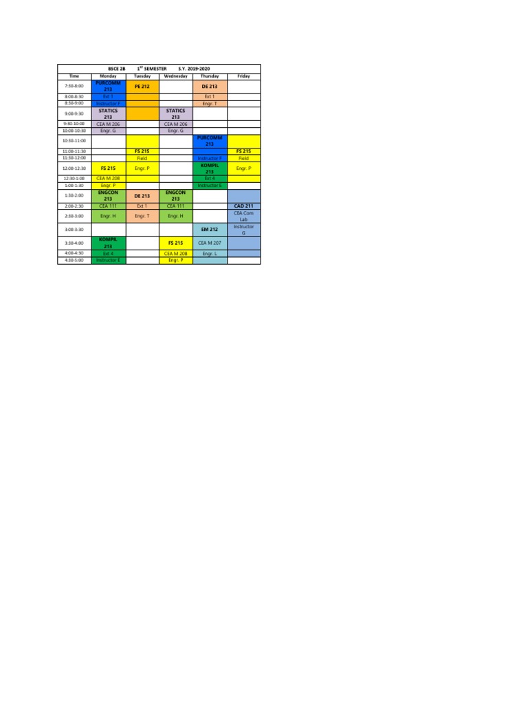 BSCE 2B 1st Semester Class Schedule | PDF