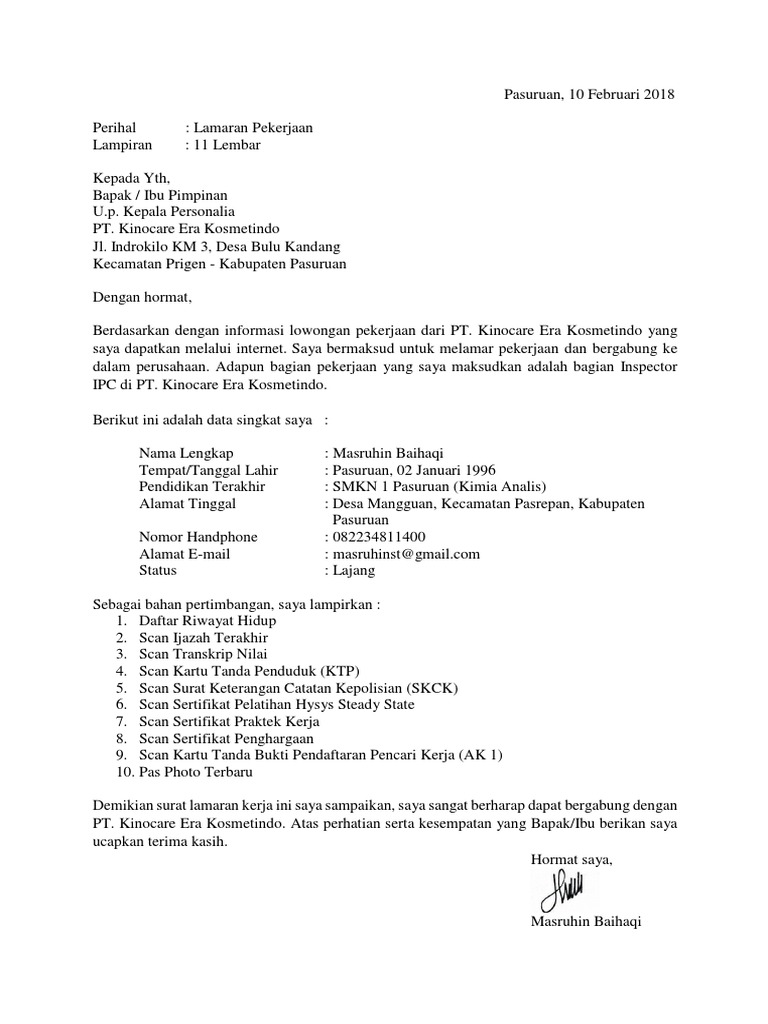 Surat Lamaran Kerja Kino Ipc