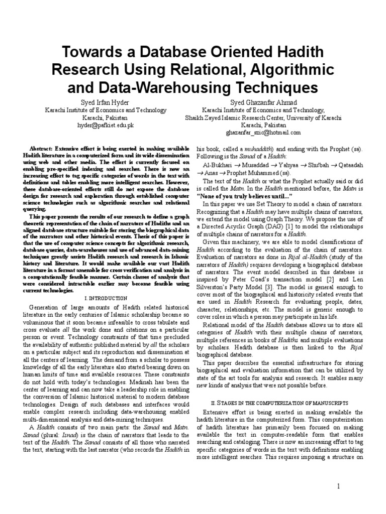 Towards A Database Oriented Hadith Research Using Relational ...