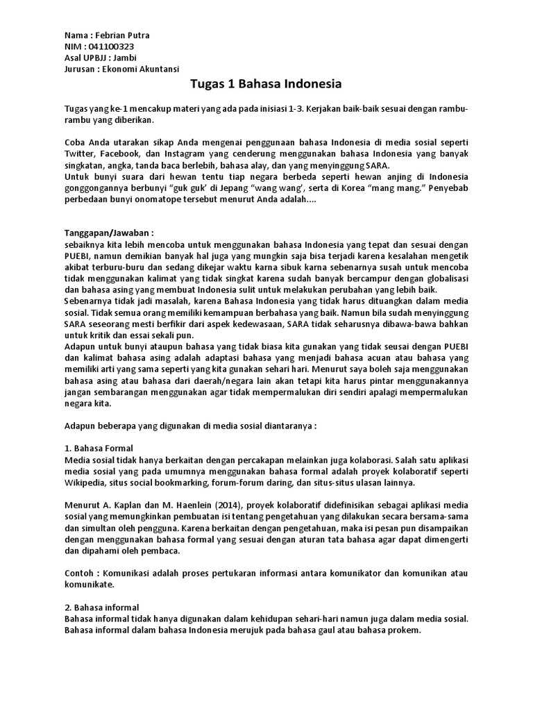 Bahasa Indonesia Tugas 1 | PDF