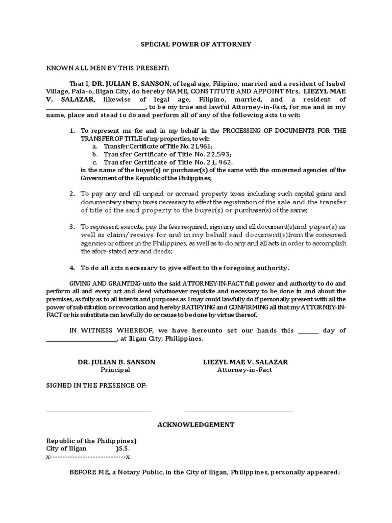 SPA (Transfer Title) | PDF | Power Of Attorney | Title (Property)