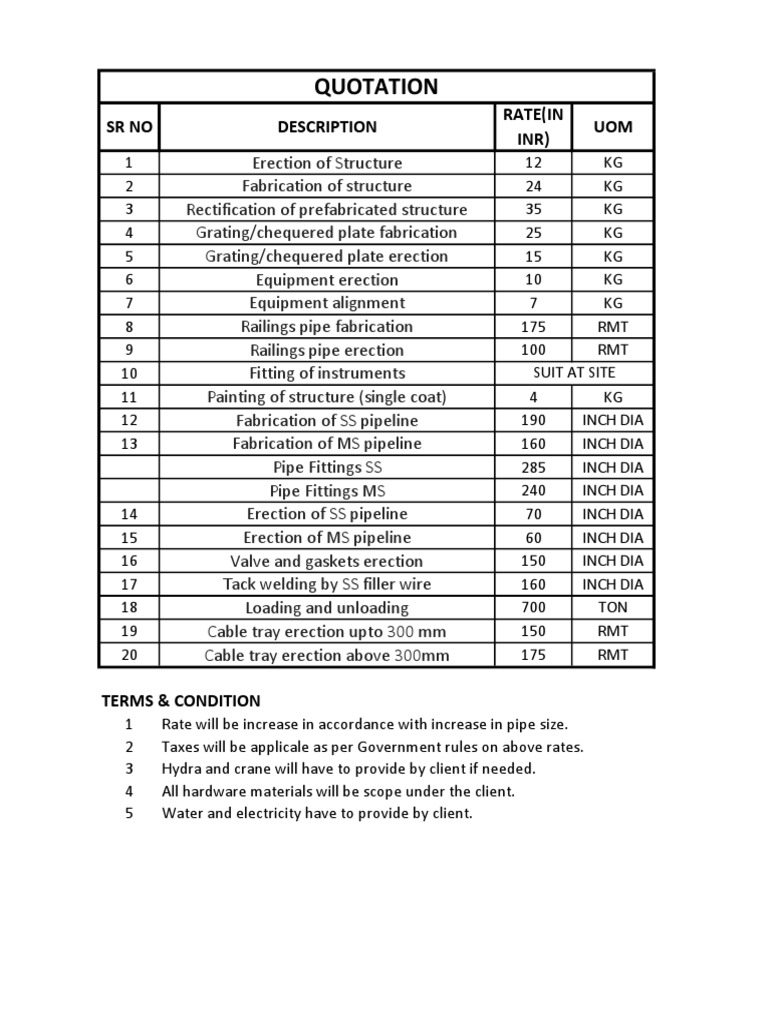 Fabrication and Erection Rate Quotation | PDF