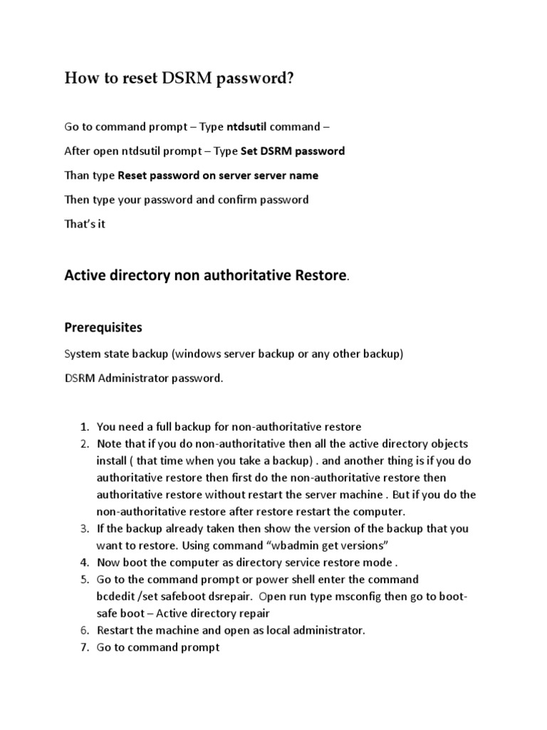 Resetting DSRM Password Guide | PDF | Active Directory | Backup