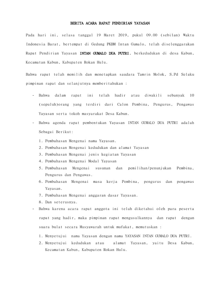 Contoh Surat Berita Acara Pembentukan Pengurus Yayasan