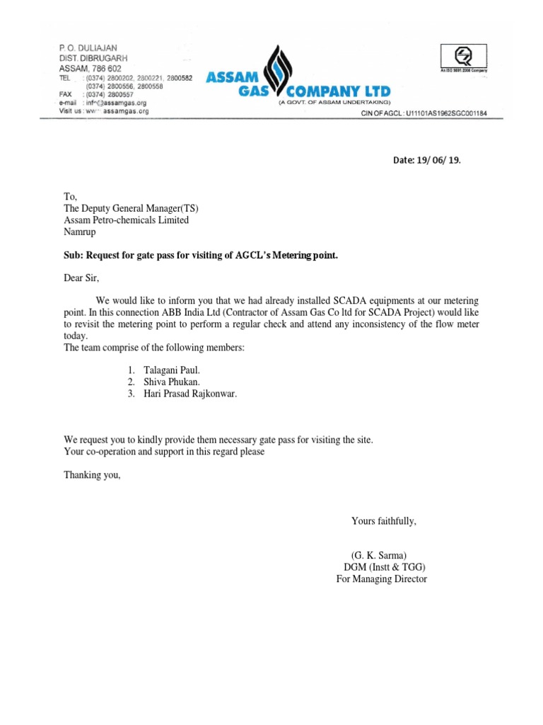 Sub: Request For Gate Pass For Visiting of AGCL's Metering Point | PDF