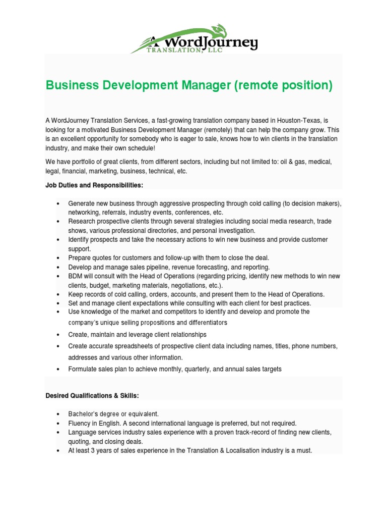Business Development Manager Job Description PDF Sales Negotiation