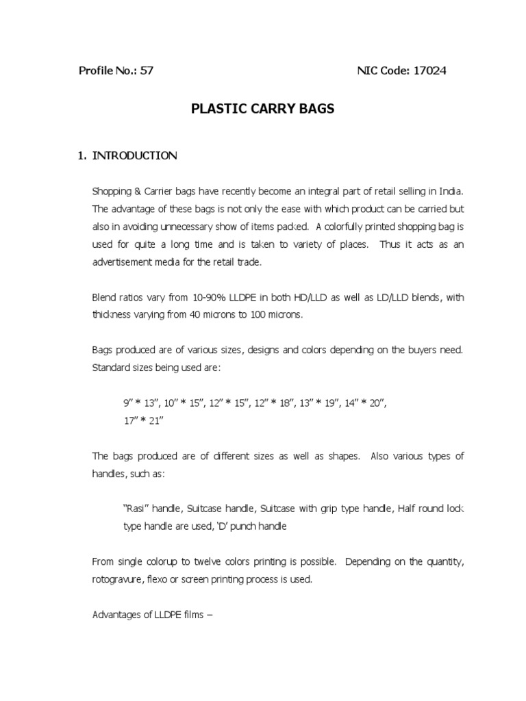 Plastic Carry Bags Profile No. 57 NIC Code 17024 PDF Retail