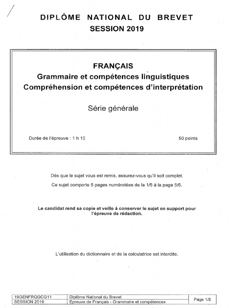 Sujet Et Corrigé Brevet Français 2019 Pdf DNB Francais Centres Etrangers 2019 | PDF