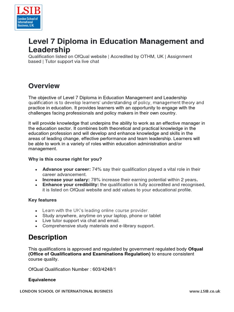 Level 7 Diploma in Education Management | PDF | Academic Degree ...