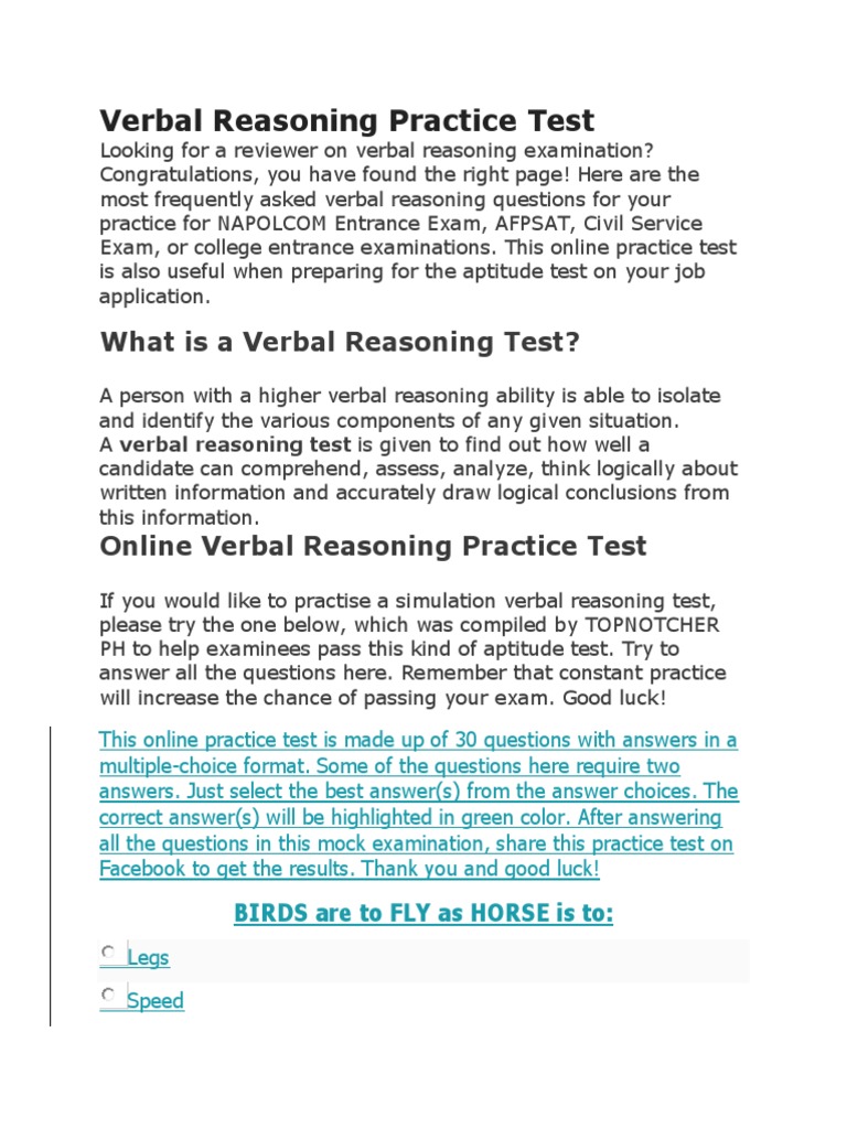 Verbal Reasoning Practice Test Multiple Choice Test (Assessment)