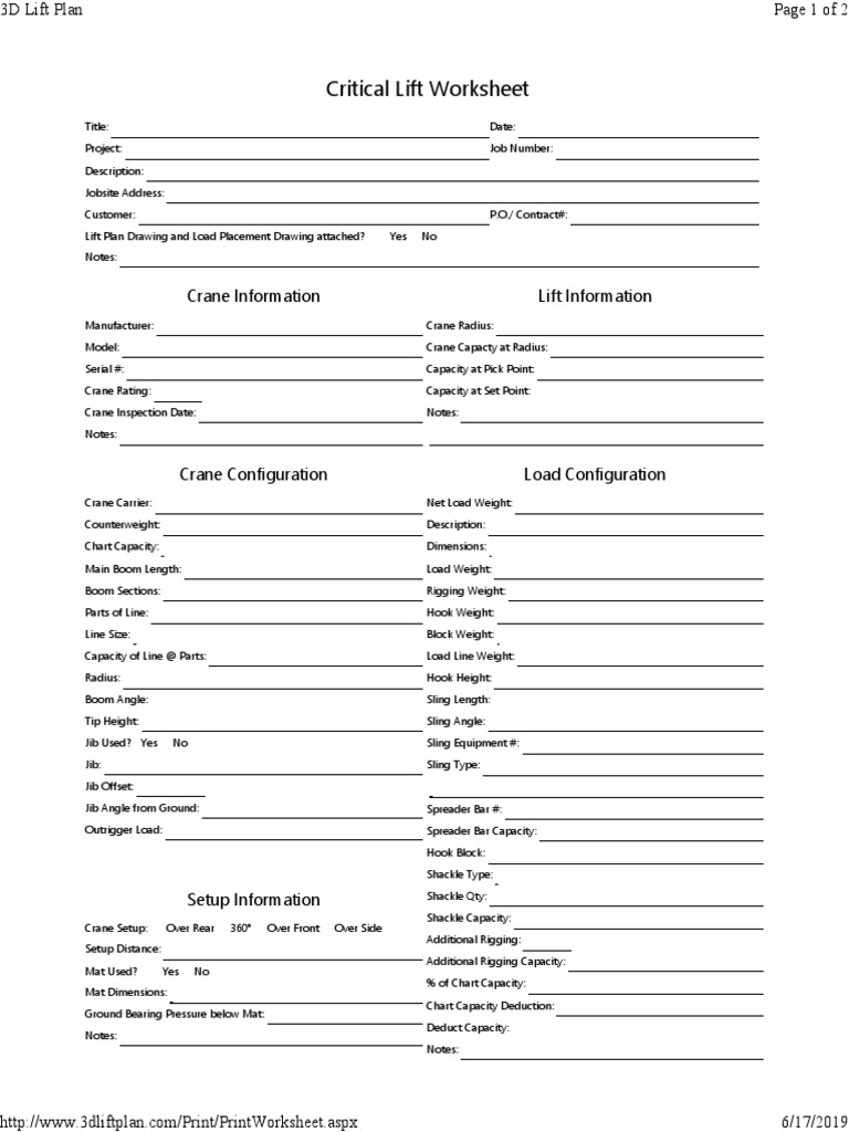 Critical Lift Worksheet PDF Crane (Machine)