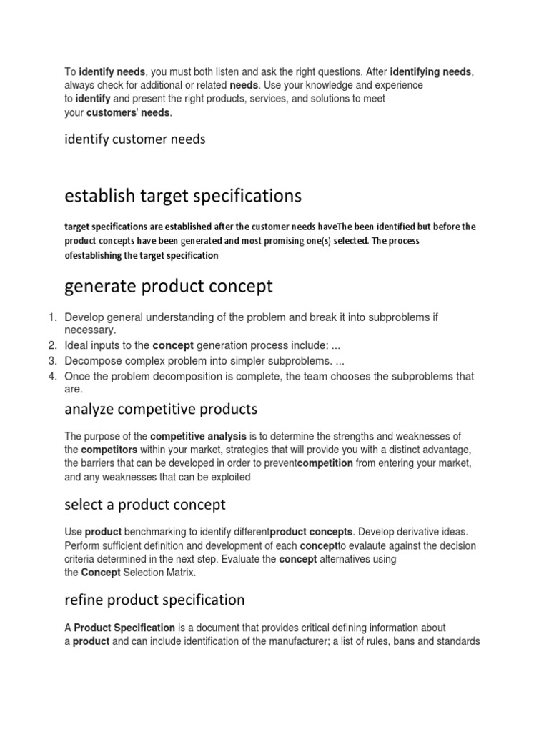 Establish Target Specifications Identify Customer Needs PDF