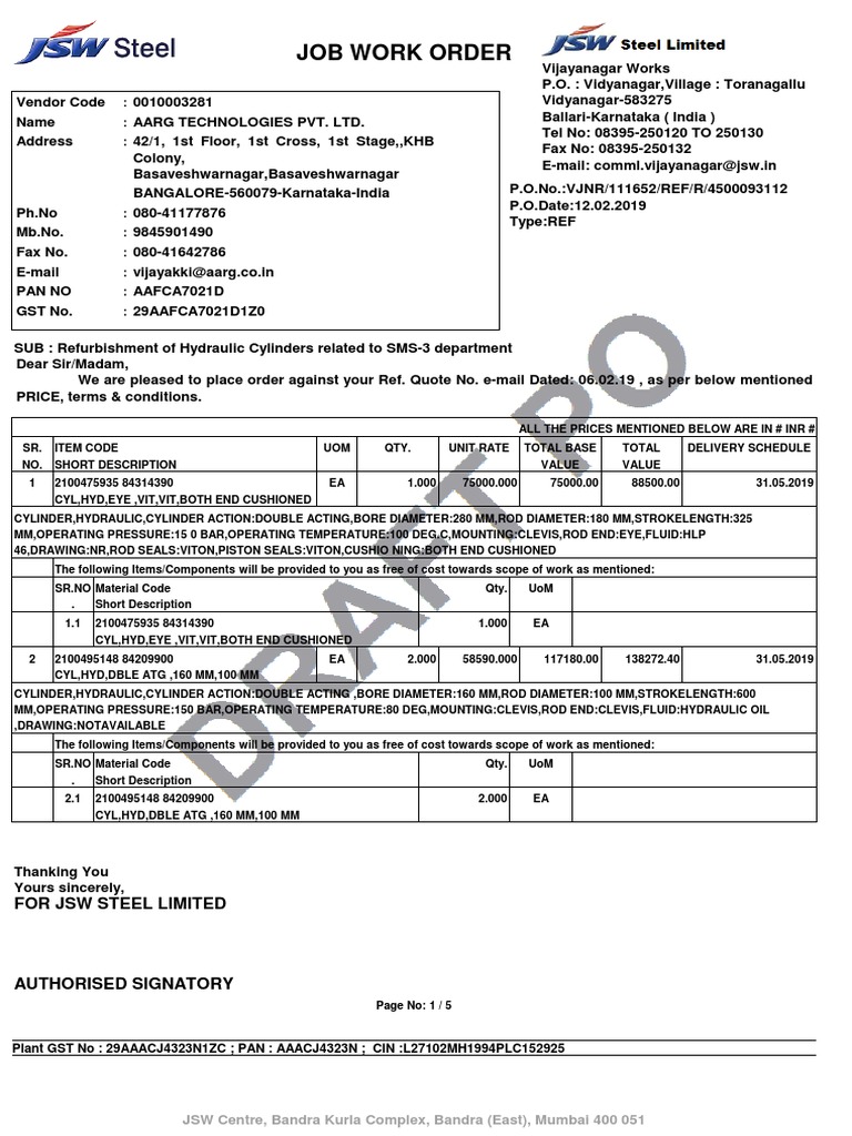 Job Work Order: For JSW Steel Limited | PDF | Cylinder (Engine) | Gun ...