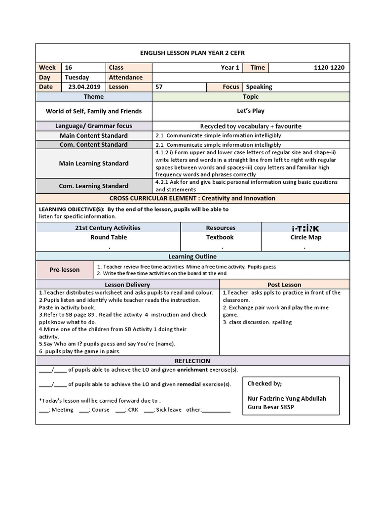 English Lesson Plan Year 1 Cefr | PDF | Lesson Plan | Teachers