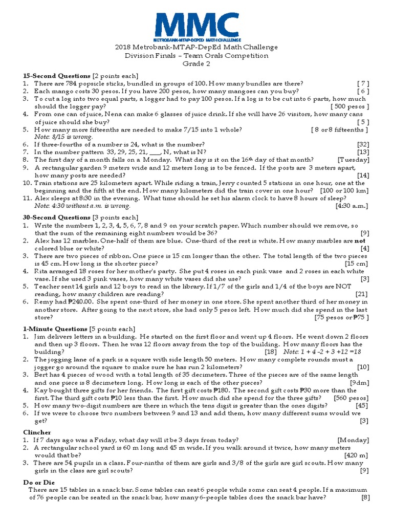 MMC Questions For Division Finals Grade 2 PDF PDF Nature