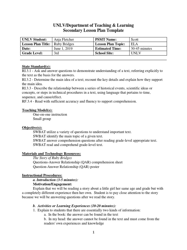 UNLV/Department of Teaching & Learning Secondary Lesson Plan Template ...
