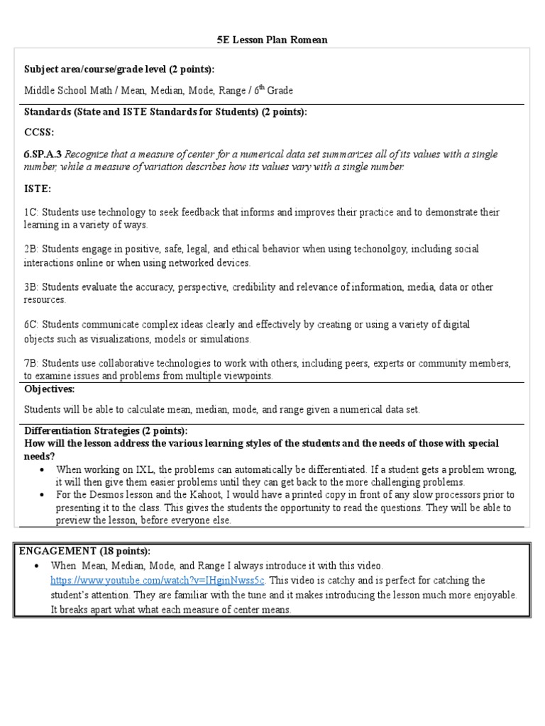 6th Grade Mean, Median, Mode Lesson Plan | PDF | Median | Average