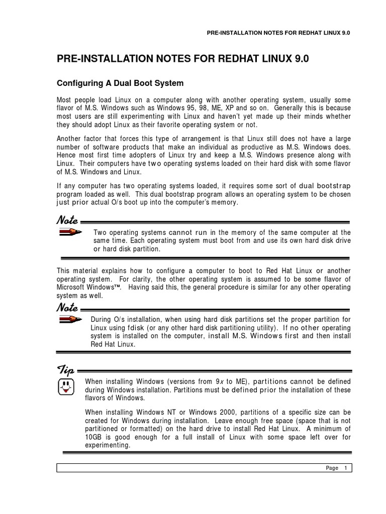 Pre installation notes for redhat linux 9 0 configuring a dual boot
