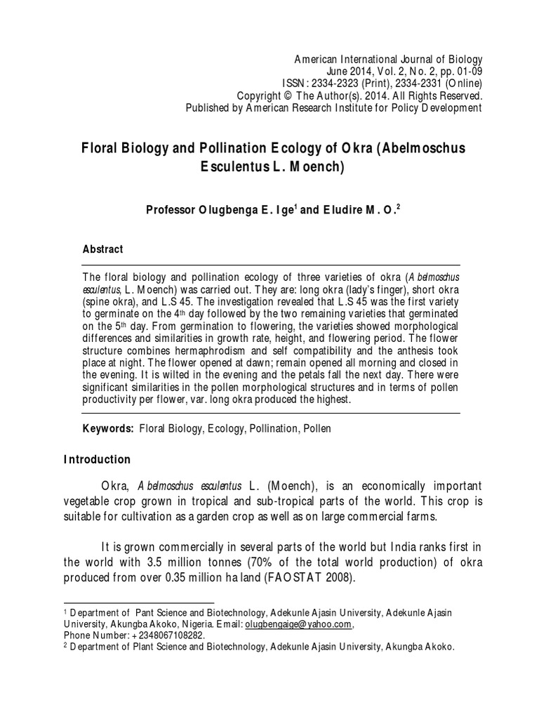 Floral Biology and Pollination Ecology of Okra (Abelmoschus Esculentus