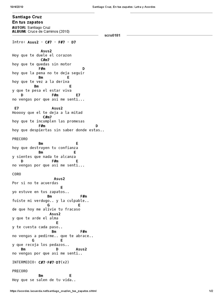 Santiago Cruz En Tus Zapatos Letra Y Acordes Pdf Musica Grabada Albumes