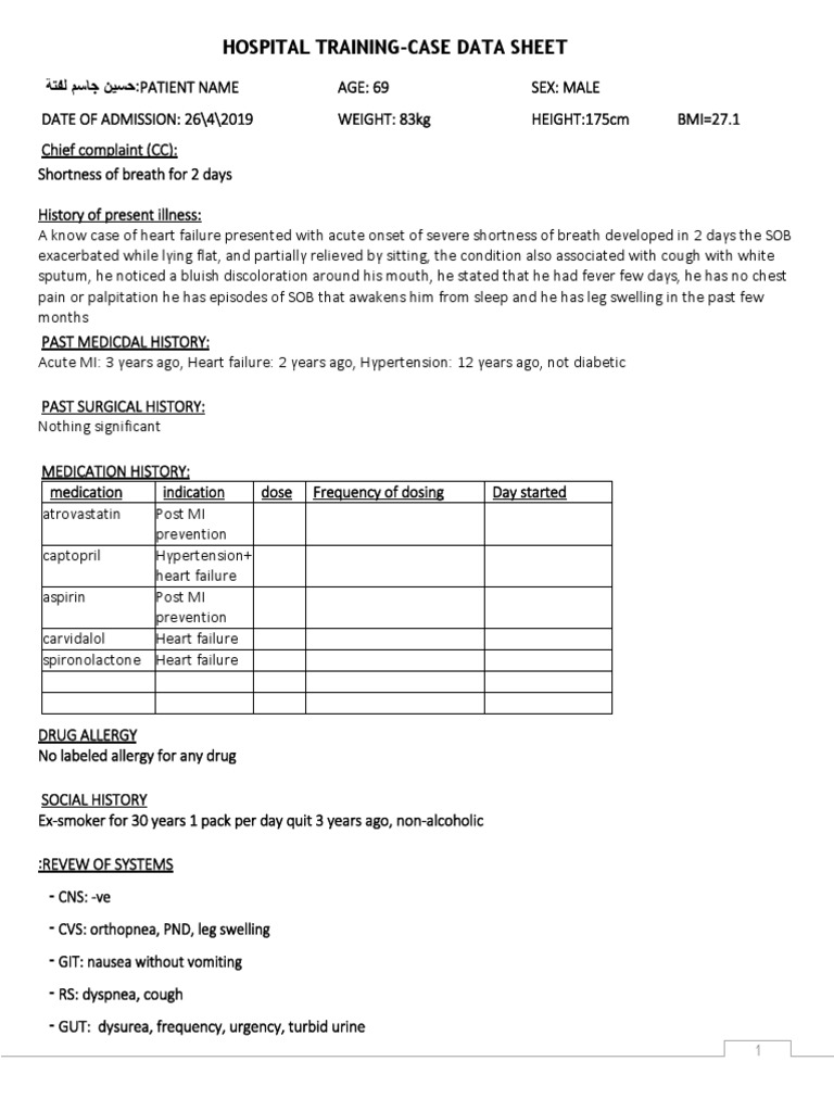 Case Data Sheet - Hospital Training | PDF | Heart Failure | Cough