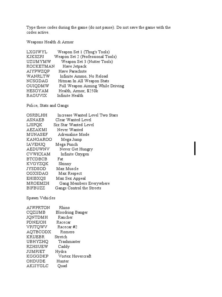 Gta San Andreas Cheats PDF Vehicles Transport