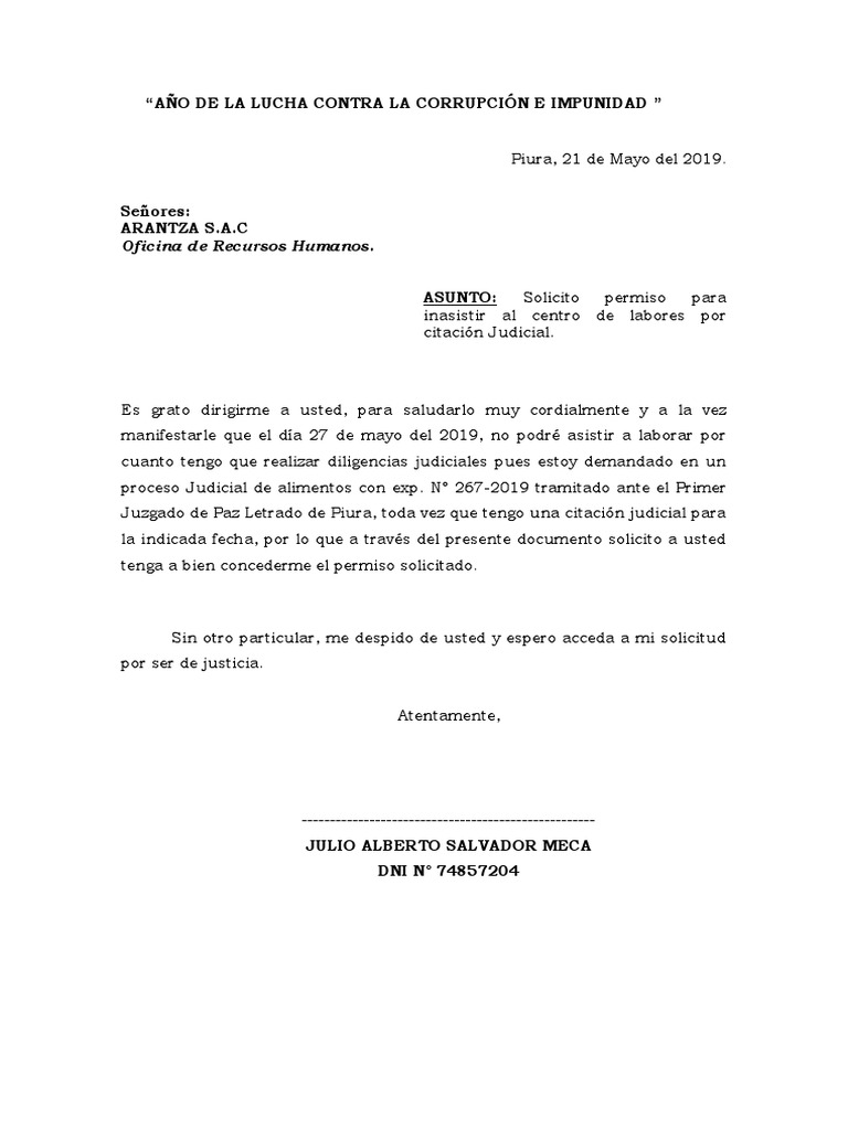 Modelo De Solicitud De Permiso Laboral Pdf