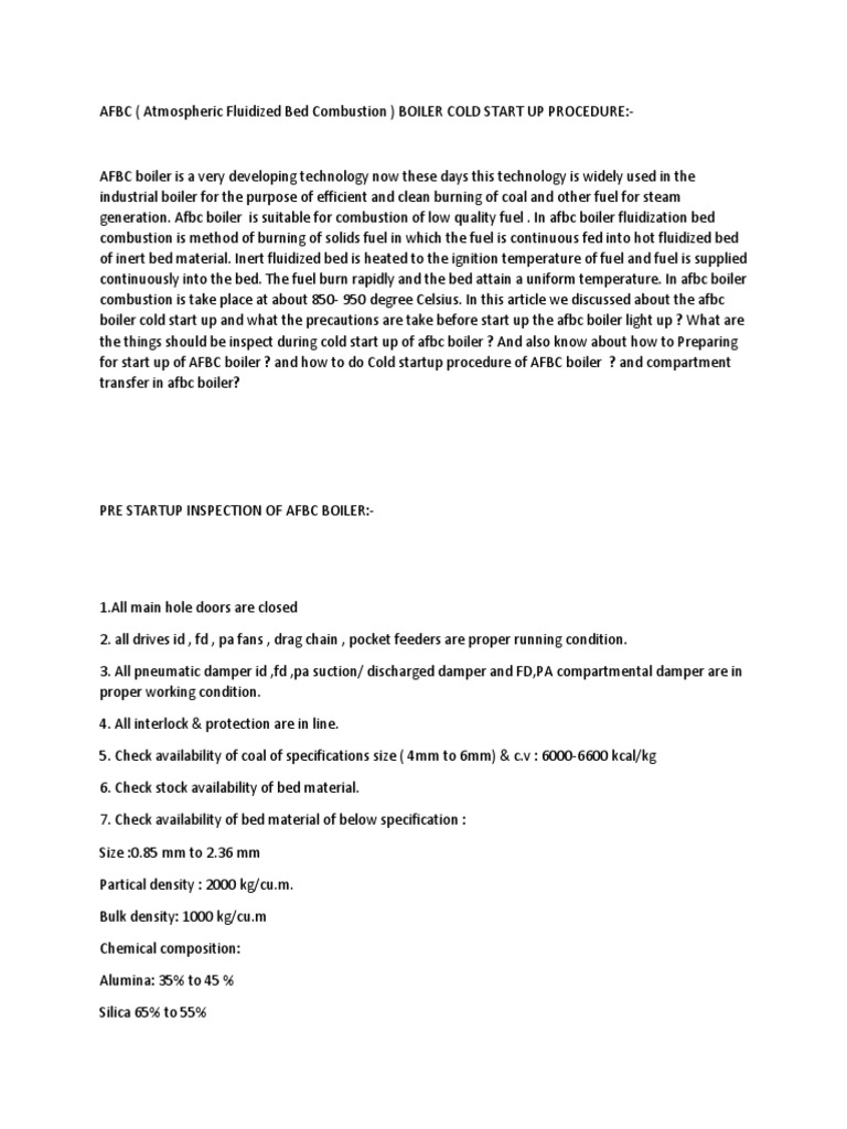 AFBC Cold Startup Procedure PDF Boiler Combustion