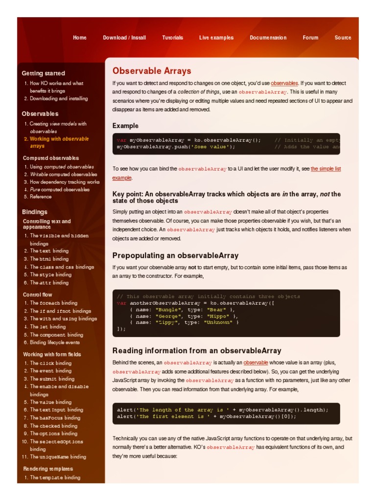 Knockoutjs Com Documentation ObservableArrays HTML PDF Array Data