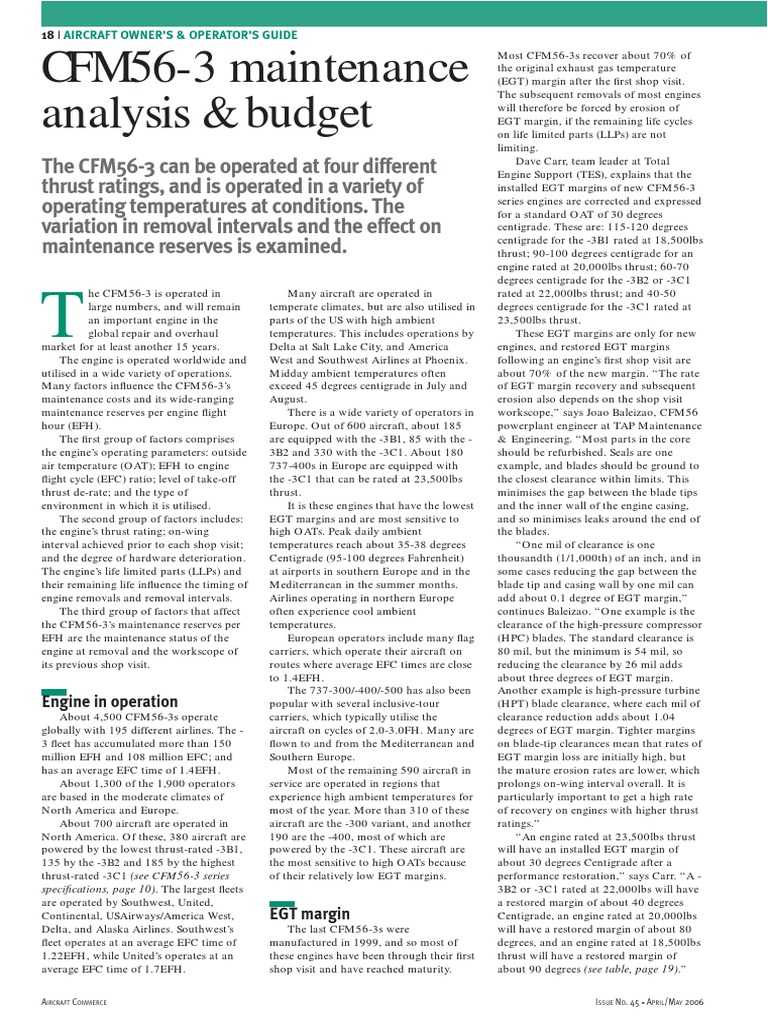 Cfm56 3 Maintenance Analysis Budget Aircraft Owner S Operator S