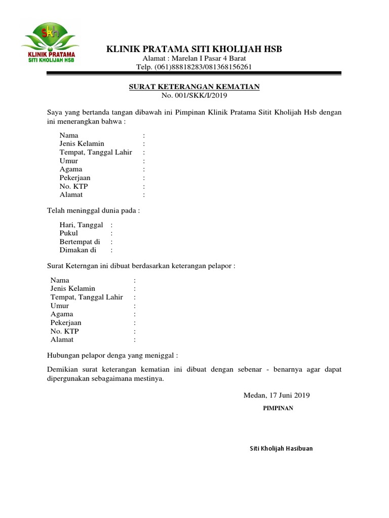 20 Contoh Surat Kematian Dari Klinik Kumpulan Contoh Surat