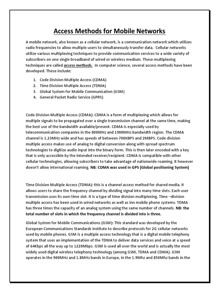 Mobile Network Access Methods Explained | PDF | Gsm | Cellular Network