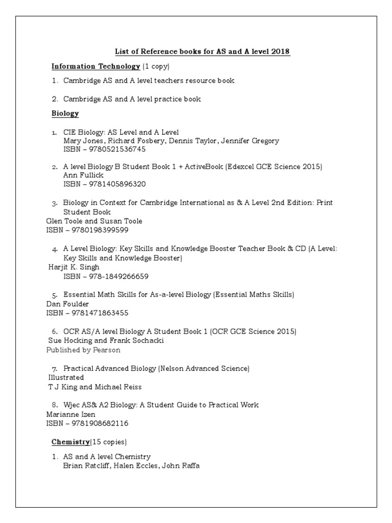 List of Reference Books For AS and A Level 2018 Information Technology