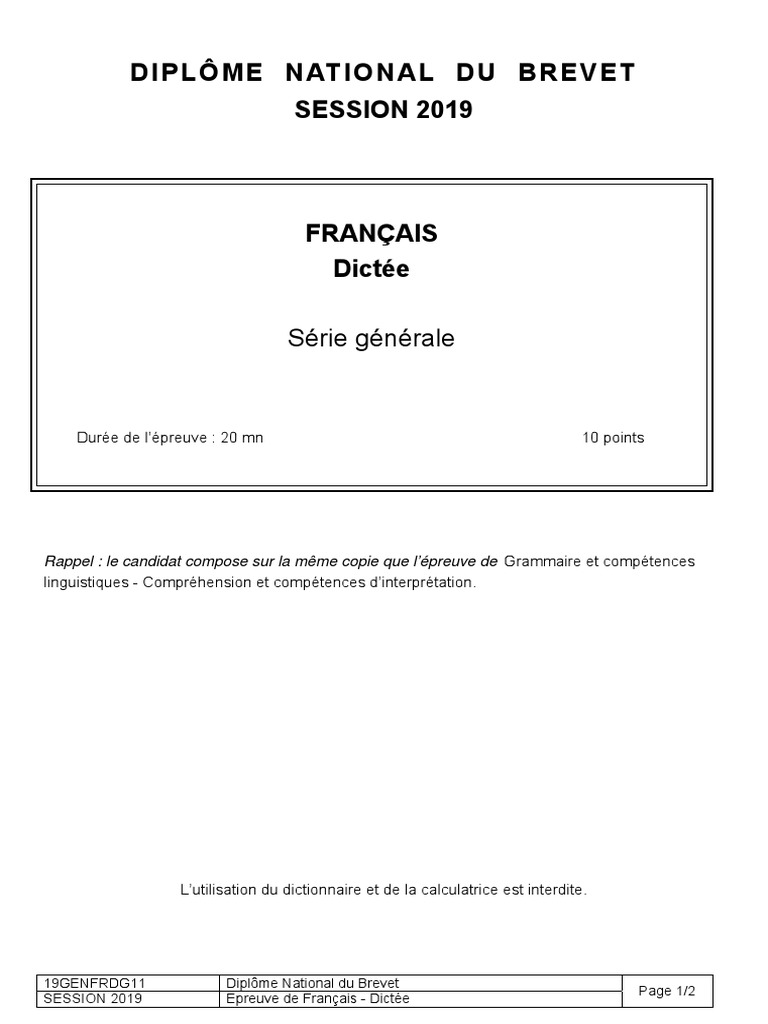 Correction Dictee Brevet Francais 2023 19GENFRDG11 | PDF
